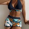 Swimsuit Women's split high waist flat angle strap print solid color splicing Internet celebrity swimsuit