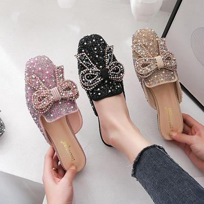 Модные блестящие золотые шлепанцы с пайетками для женщин 2025 с бантом, сандалии женские, обувь с узлом-бабочкой, женские мюли с полосками по бокам, шлепанцы с закрытым носком