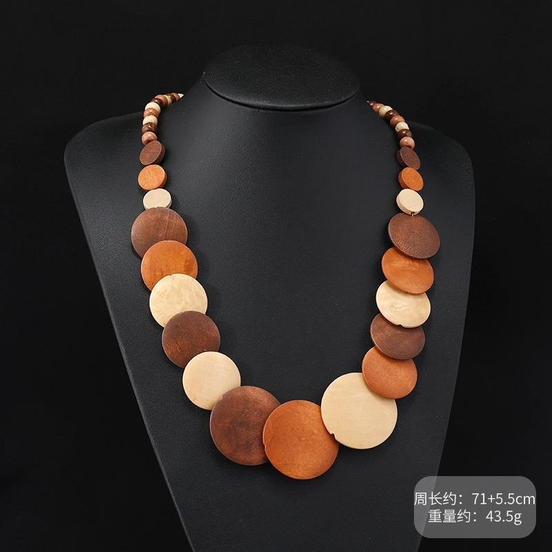 Vintage Exaggerated Wooden Necklace Maillard Vacation Women's Bohemian Long Niche Sweater Chain Earrings