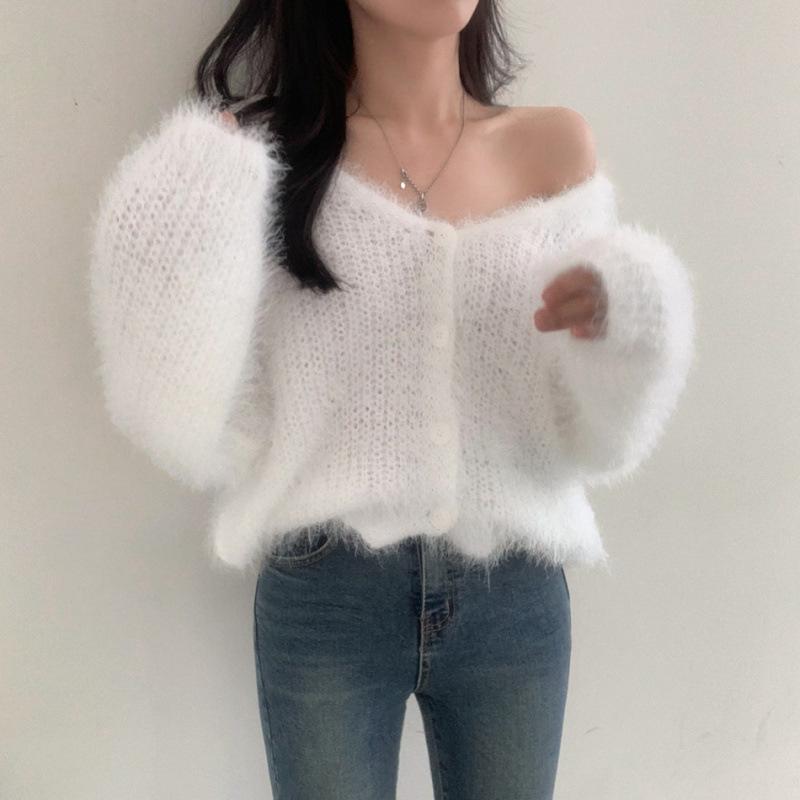 Korean Chic Retro V-Neck Faux Mink Fur Sweater Cardigan - Long-Sleeved, Loose-Fit Women's Knitwear