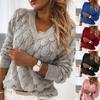 Women Autumn Winter Long Sleeve V Neck Knitted Sweater Hollow Out Feather