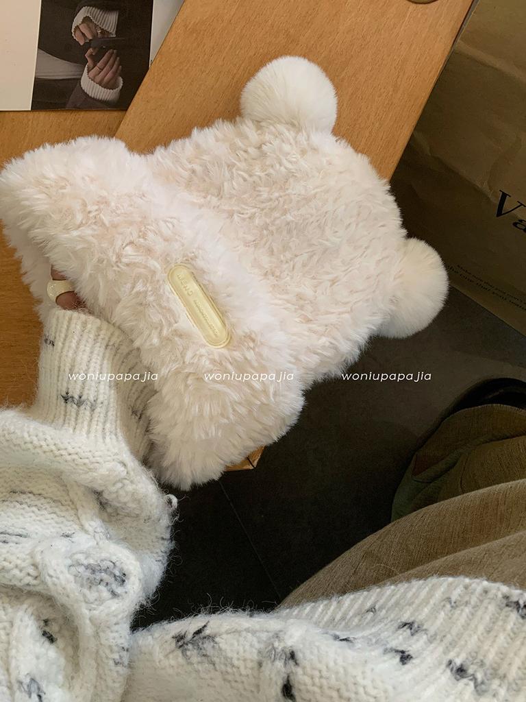 Elegant Bear Plush Knit Hat For Women Winter Warm Thick Fur Beanie Cap