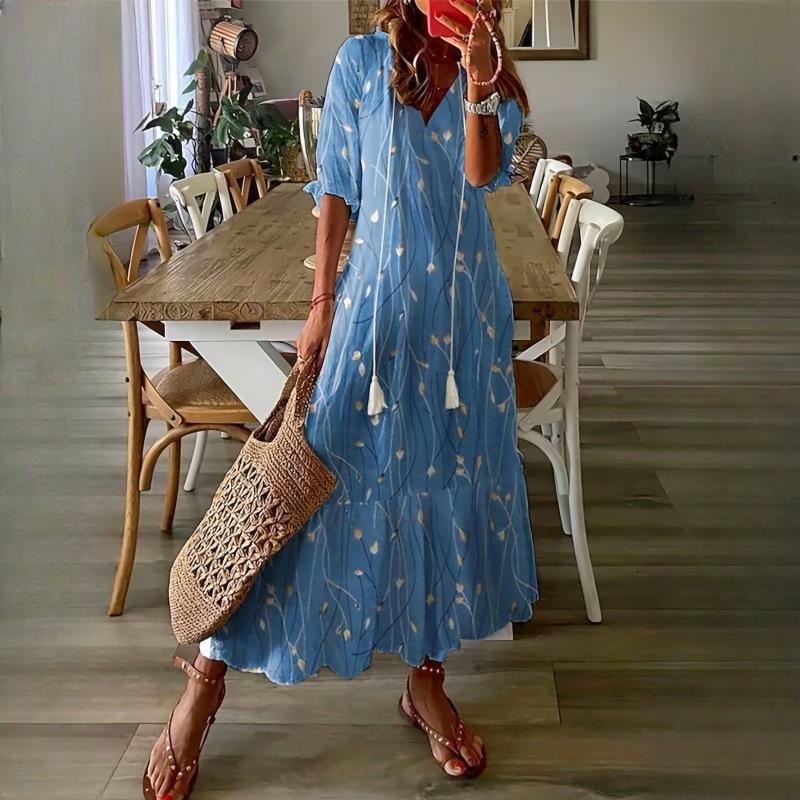 IHUASU Женские повседневные платья с V-образным вырезом и принтом, с подтяжками, с длинными рукавами