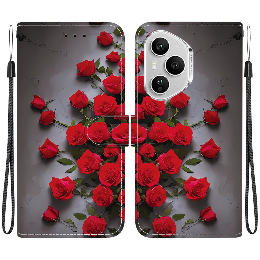 Для Honor 400 Pro 5G (Глобальный) Кожаный чехол-подставка-кошелек с принтом и ремешком на запястье