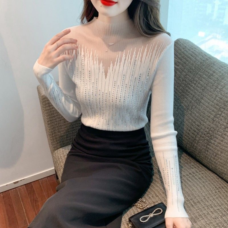 Sexy Hollow Hot Diamond Knitted Sweater for Women's Pullover Sweater Elastic Mesh Lace Bottom Top