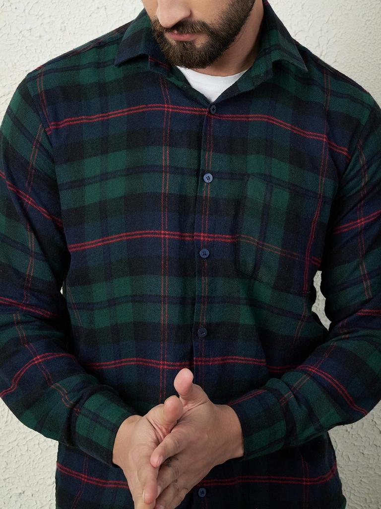 Рубашка из зеленой фланели в клетку - 100% гребенной хлопок, длинный рукав, 180 г/м²