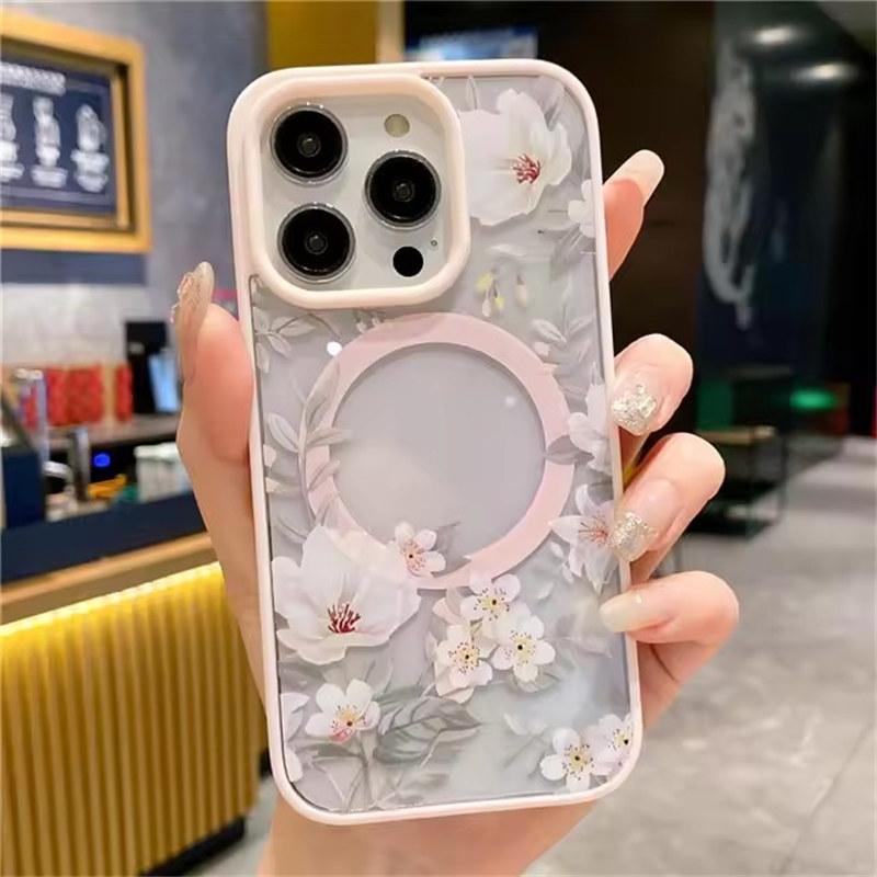 Fashion Flowers Floral Clear For Magsafe Magnetic Wireless Charging Case For iPhone 16 11 12 13 14 15 Pro Max Hard Bumper Cover