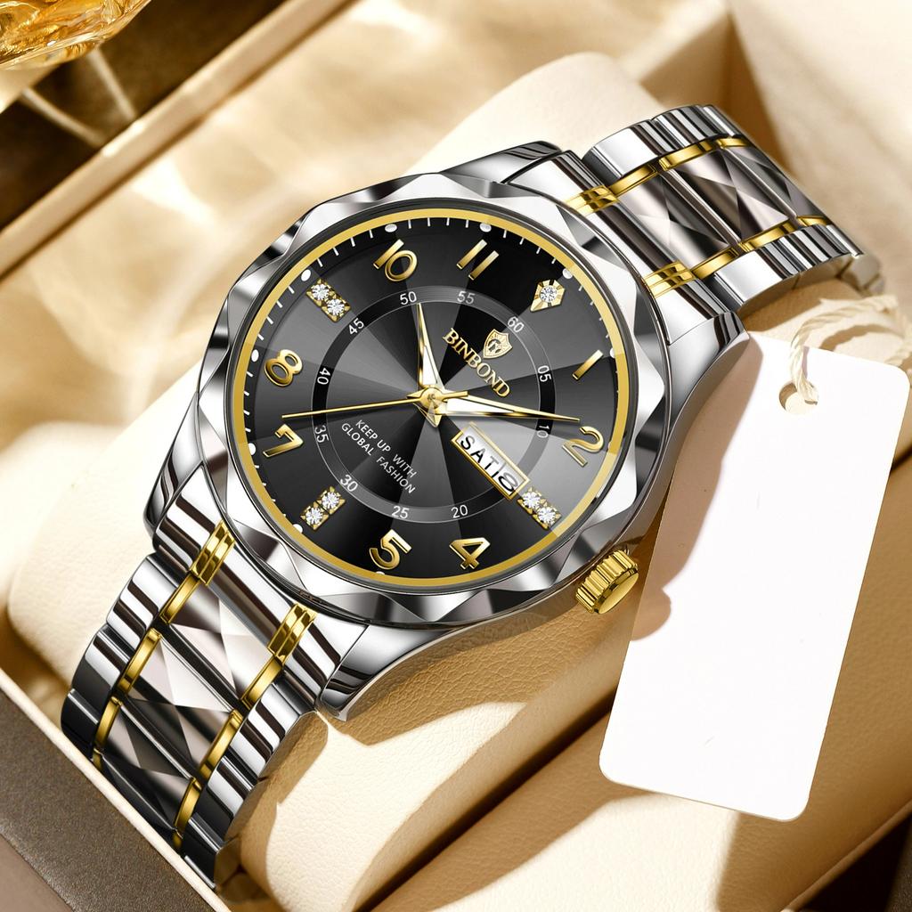 BINBOND Luxury Men Quartz Watch Waterproof Date Week Luminous Wristwatch Stainless Steel Men's Watches Male Clock