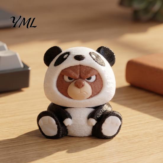 Desktop Ornament Decoration Grumpy Bear Figurine with Panda Hood, Cute Animal for Funny Character Statue Car Dashboard, Compact Home Office Dashboard