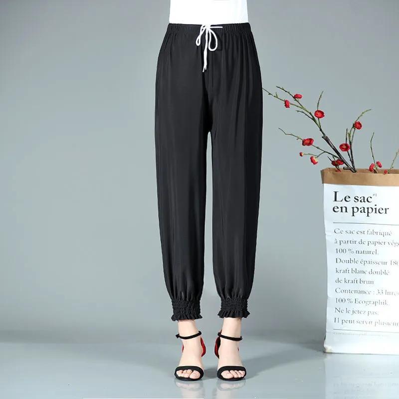 WTEMPO Summer Women Ice Silk Floral Printed Jogger Pants High Elastic Waist Stretchy Leggings Dancing Walking Pants