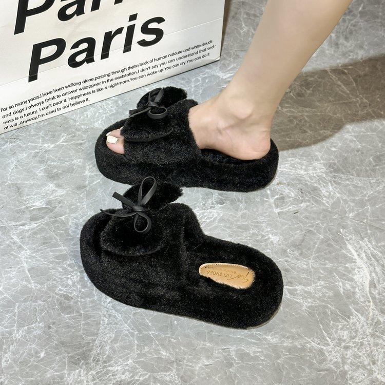 Модные весенне-осенние толстые тапочки с бантом и мохнатыми тапочками для женщин, зимняя новая мягкая теплая хлопковая обувь