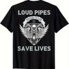 Футболка мужская повседневная Plus - дышащий хлопок с принтом "Loud Pipes Save Lives" и рисунком мотоциклетного черепа и крыльев, короткий рукав, круглый вырез