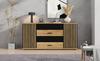 Sideboard 140x35x70cm, MDF, 4 Drawers & 2 Doors, Vertical Groove Look, Adjustable Shelves, Oak-Black, Storage Cabinet for Living Room Dining Room