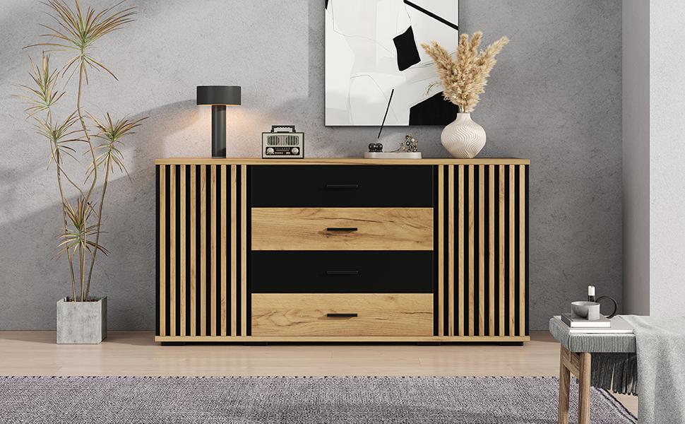 Sideboard 140x35x70cm, MDF, 4 Drawers & 2 Doors, Vertical Groove Look, Adjustable Shelves, Oak-Black, Storage Cabinet for Living Room Dining Room