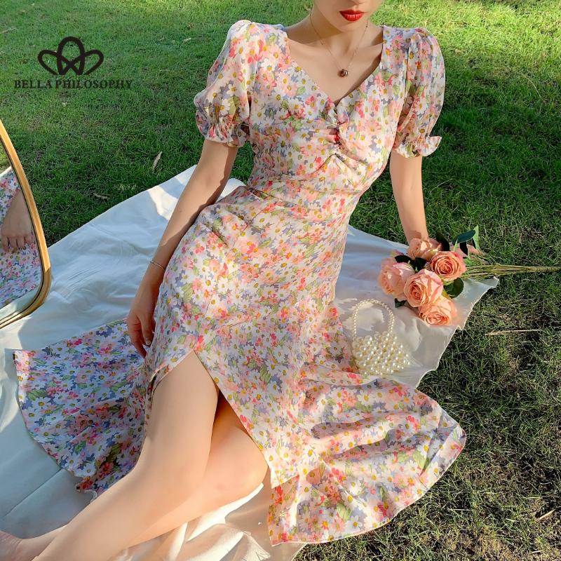 Французское элегантное платье, тонкое, летнее, с v-образным вырезом, повседневное, с короткими рукавами-фонариками, шикарное цельное платье с цветочным принтом в корейском стиле, шикарное.
