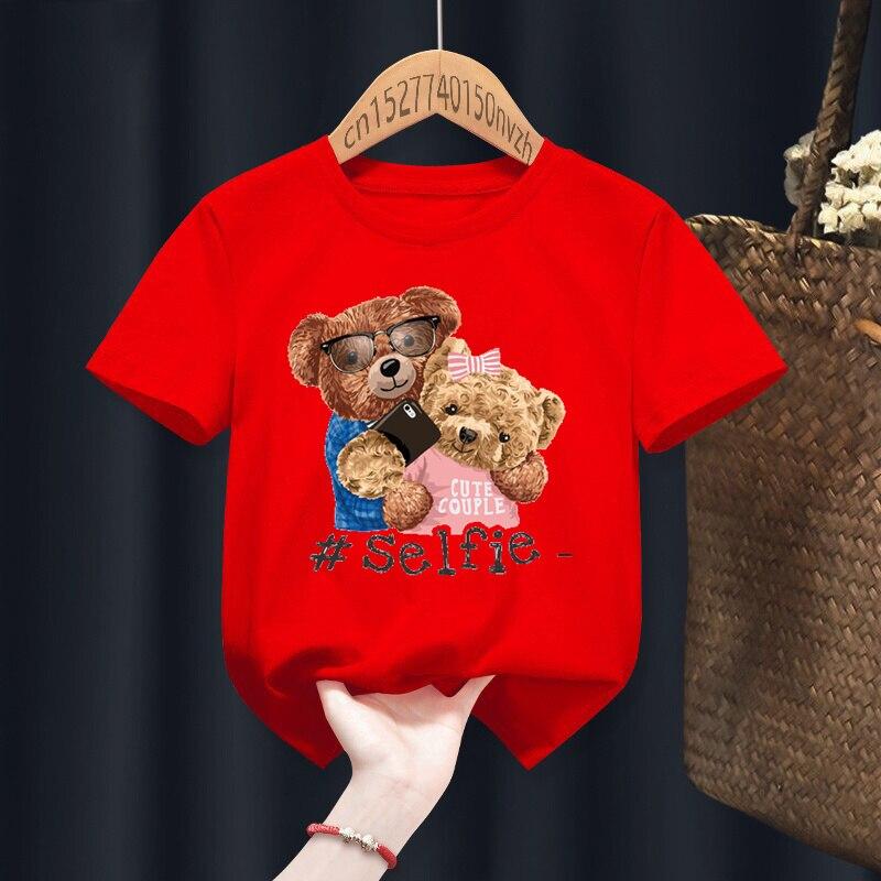 Fashion Funny Bear Printed Kid Short Round Neck T-shirts Children Baby Kawaii Clothes Boy Girl Tops Gift Present Short T-shirts