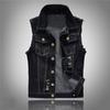 Men's Large Black Ripped Denim Vest - Korean Style Waistcoat