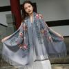 Winter Scarf Embroidery Flower Pattern Tassel Trim Long Scarf Ethnic Style Thickened Warm Women Shawl