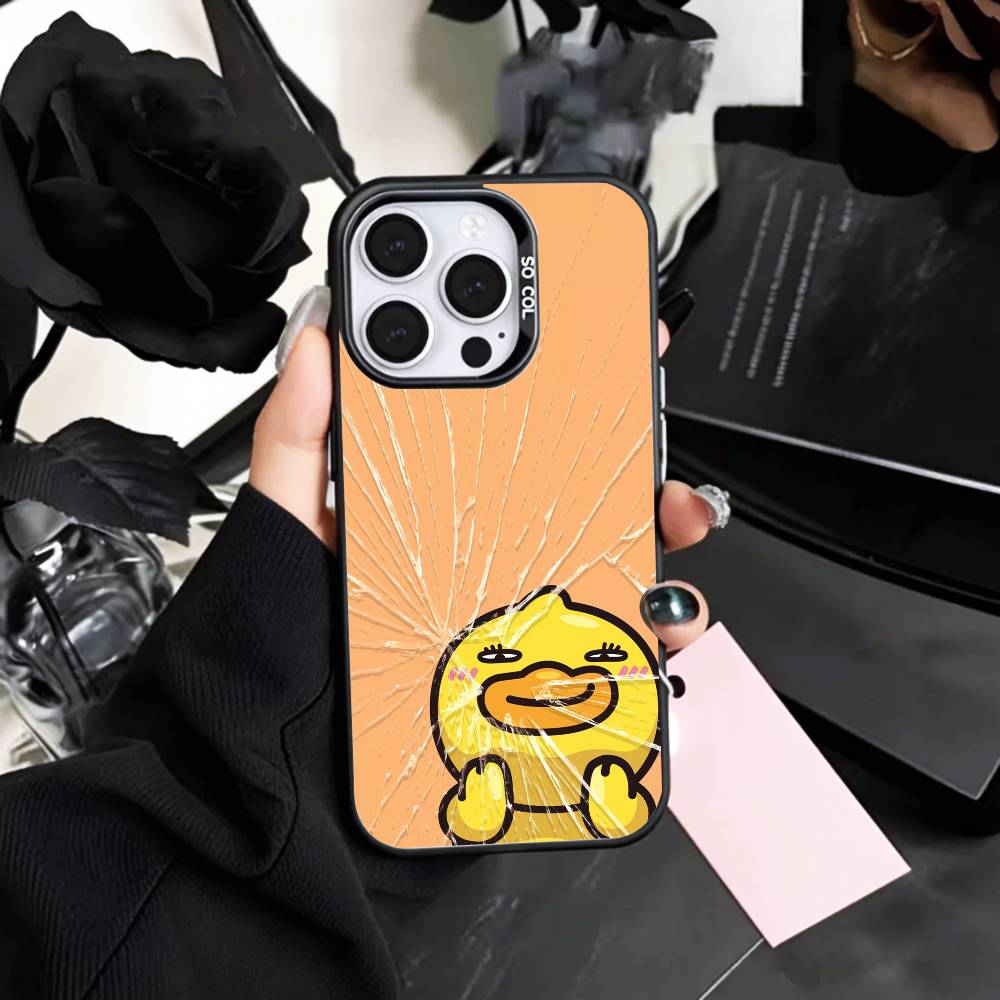 Adorable Yellow D-Duck Phone Case For iPhone17,16,15,14,13,12,11 Plus,Pro Max Colored Silver Plated Inside Cover