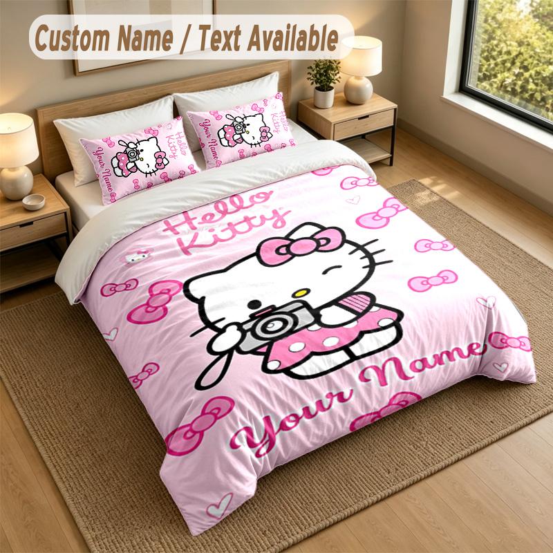 3Pcs Bedding Set Custom Name Text, 1 Sheet 2 Pillowcases Home Bed DecorHello Kitty