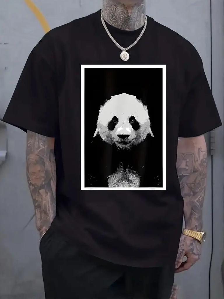 Black & White Panda Graphic Print Short Sleeve T-shirt - Regular Fit Casual Round Neck Summer Tee