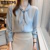 Autumn Women's New Chiffon Shirt Long Sleeve Temperament Design Sense Niche Tie Blue Top
