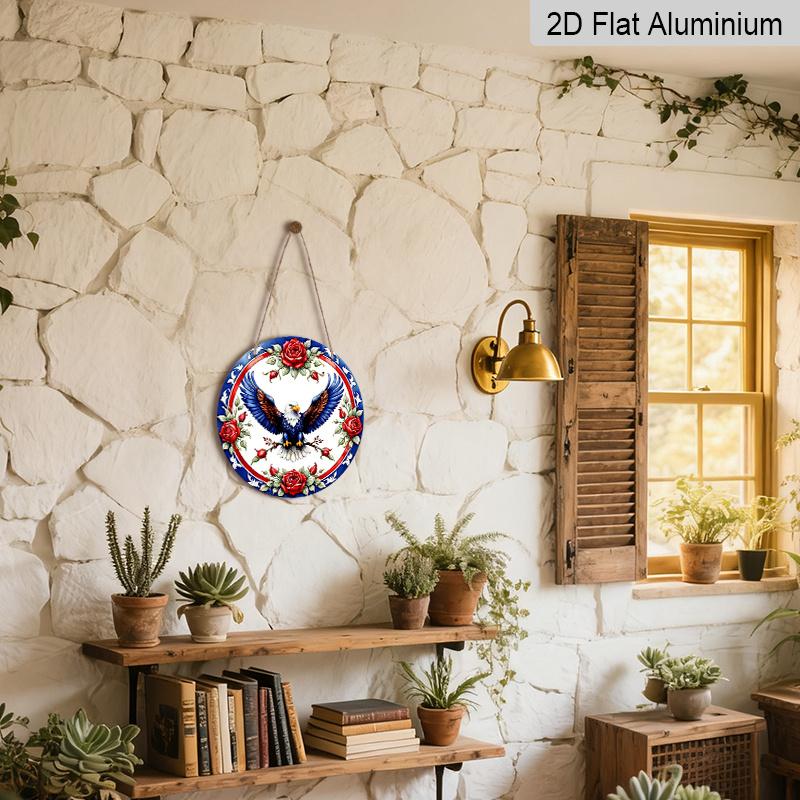 2D Flat, 1pc Blue, Red and White Eagle Garland Sign, round Metal Aluminum Garland Sign, Patriotic Sign, 4th of July & Memrial Day Decorative