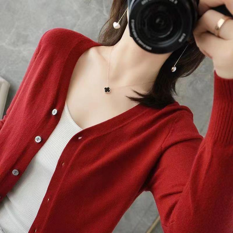 Women's V-Neck Knitted Cardigan Loose Slim Plus Size Sweater All-match Jacket Solid Color Basic Small Cardigans for Spring Autumn