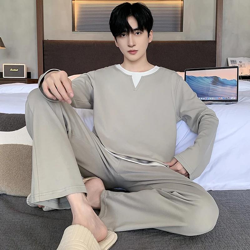 Мужской пижамный комплект Весна Хлопок Повседневная пижама Минималистский стиль Длинная домашняя одежда для отдыха Модная ночная одежда для мальчиков