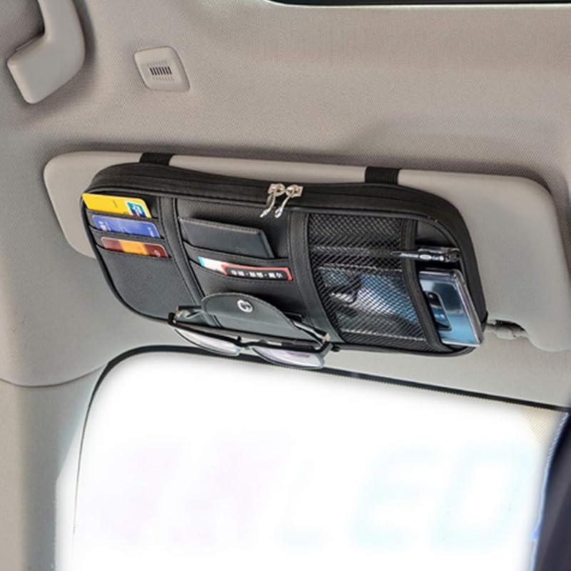 Органайзер на солнцезащитный козырек автомобиля, Карман-органайзер для аксессуаров в салоне автомобиля - Держатель-сумка для хранения в автомобиле, грузовике, внедорожнике, С сетчатым карманом на молнии (черный)