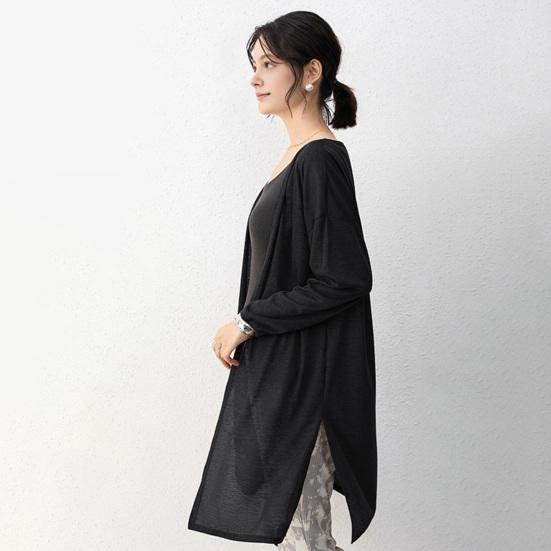 Женское повседневное пальто без воротника с длинным рукавом и открытой строчкой, кардиган средней длины, однотонное тонкое солнцезащитное пальто