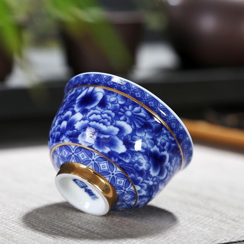 Vintage Master Cup, 1 Blue and White Porcelain Teacup, Small Tea Bowl, Ceramic Kung Fu Set, Gold Edged Tea Bowl, Single Cup
