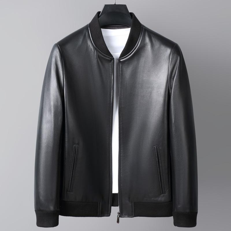Australian First Layer Sheepskin Genuine Leather Jacket Men's Baseball Jacket Round Neck Leather Jacket Youth Motorcycle Jacket Trendy