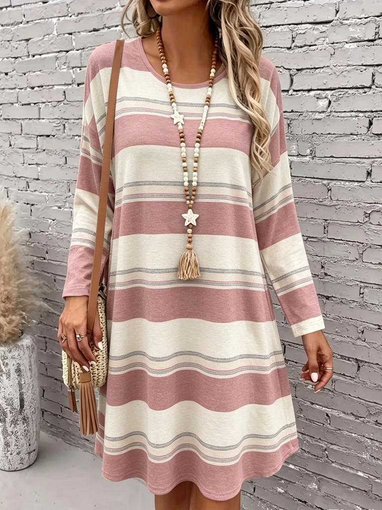 Retro Color Striped Print Round Neck Long Sleeve Dress Women's Casual Loose T-Shirt Dress Autumn Women's A-Line Dress Vestidos