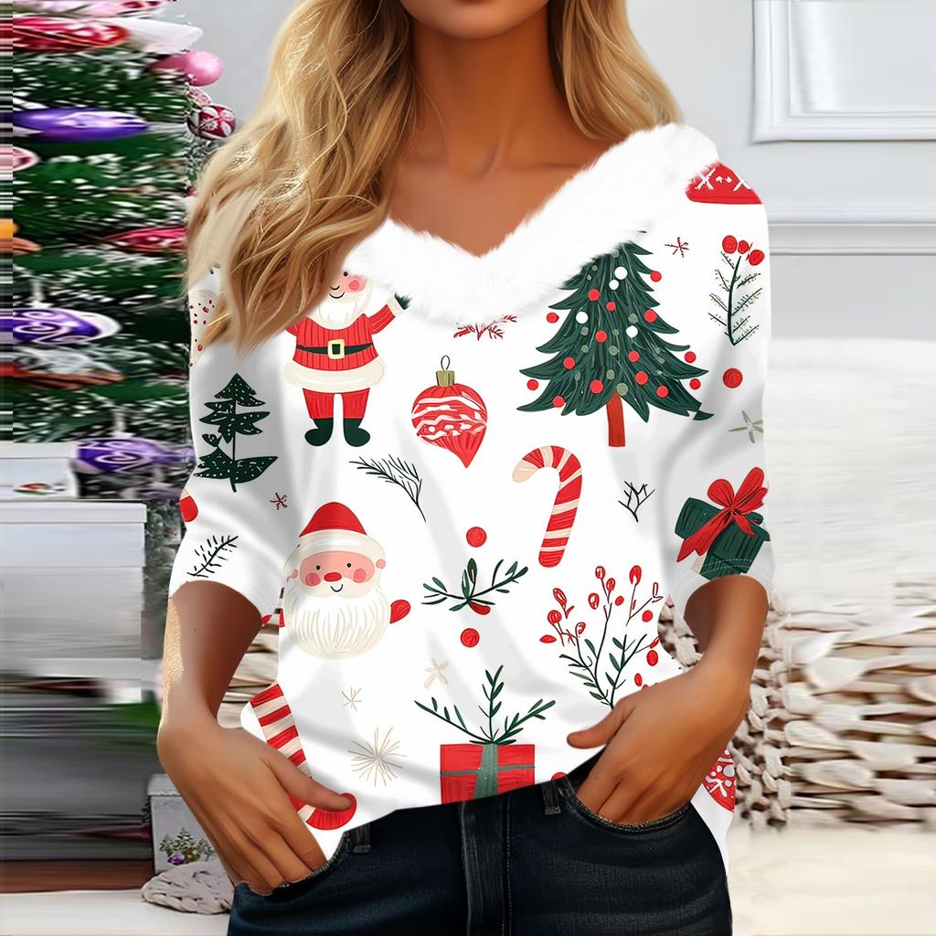 3/4 Sleeve Shirts For Women Christmas Printed Graphic Tees Blouses Casual Plus Size Basic Button Tops Pullover