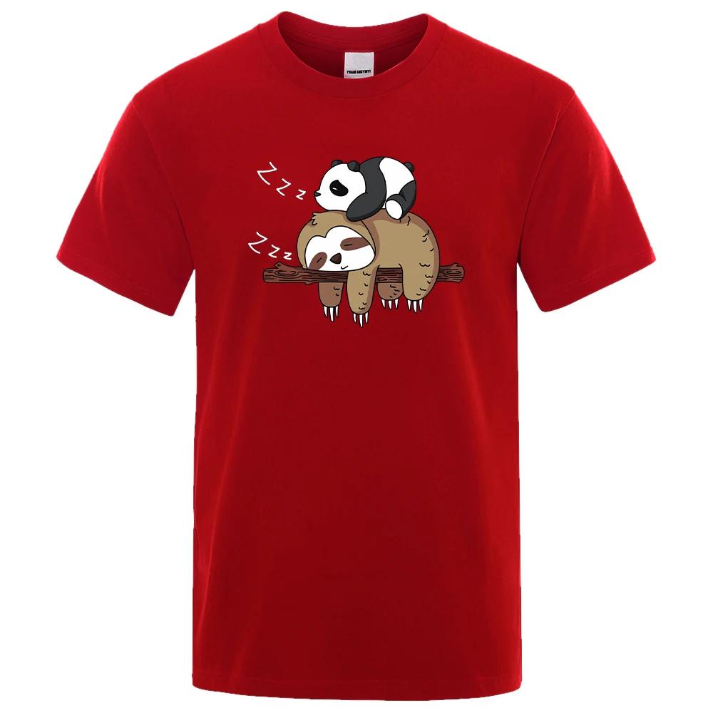 Panda Lying On A Sloth Cute Print UnisexTee Shirt Oversized Cartoons Top Regular Sleeve Tee Shirts Cotton Casual T Shirt