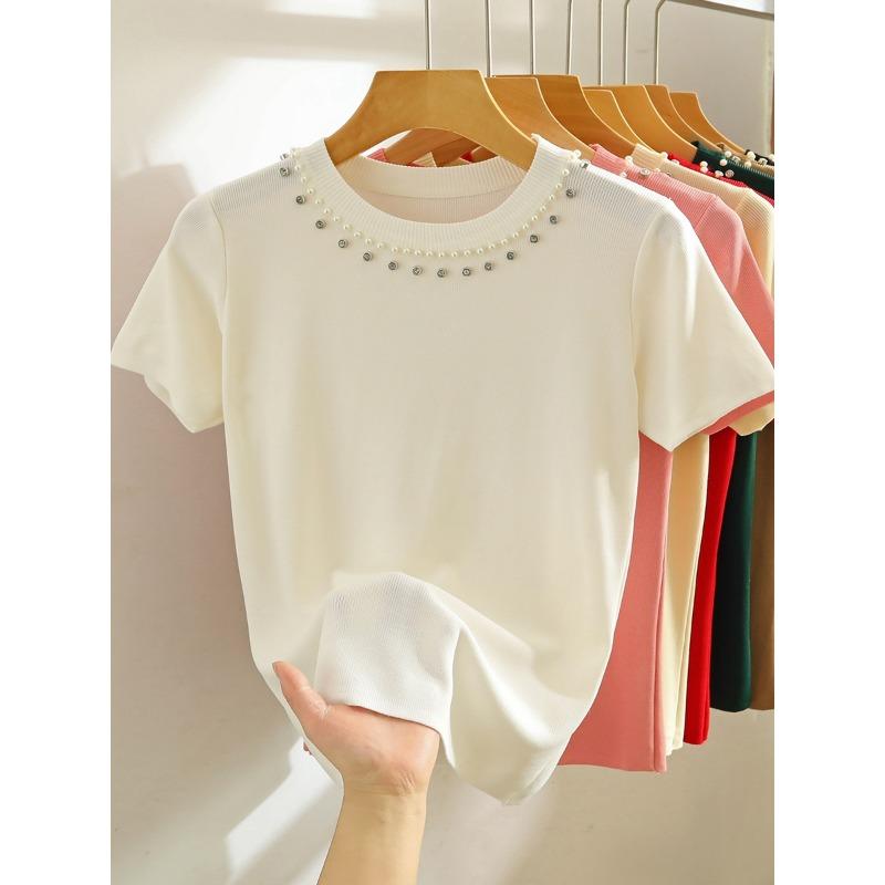 Women's Summer Short Sleeve Knitted T-shirt New Fashion O Neck Beaded Knit Elegant Short Top Female Casual Simple Solid Color Ladies Tshirt 3112