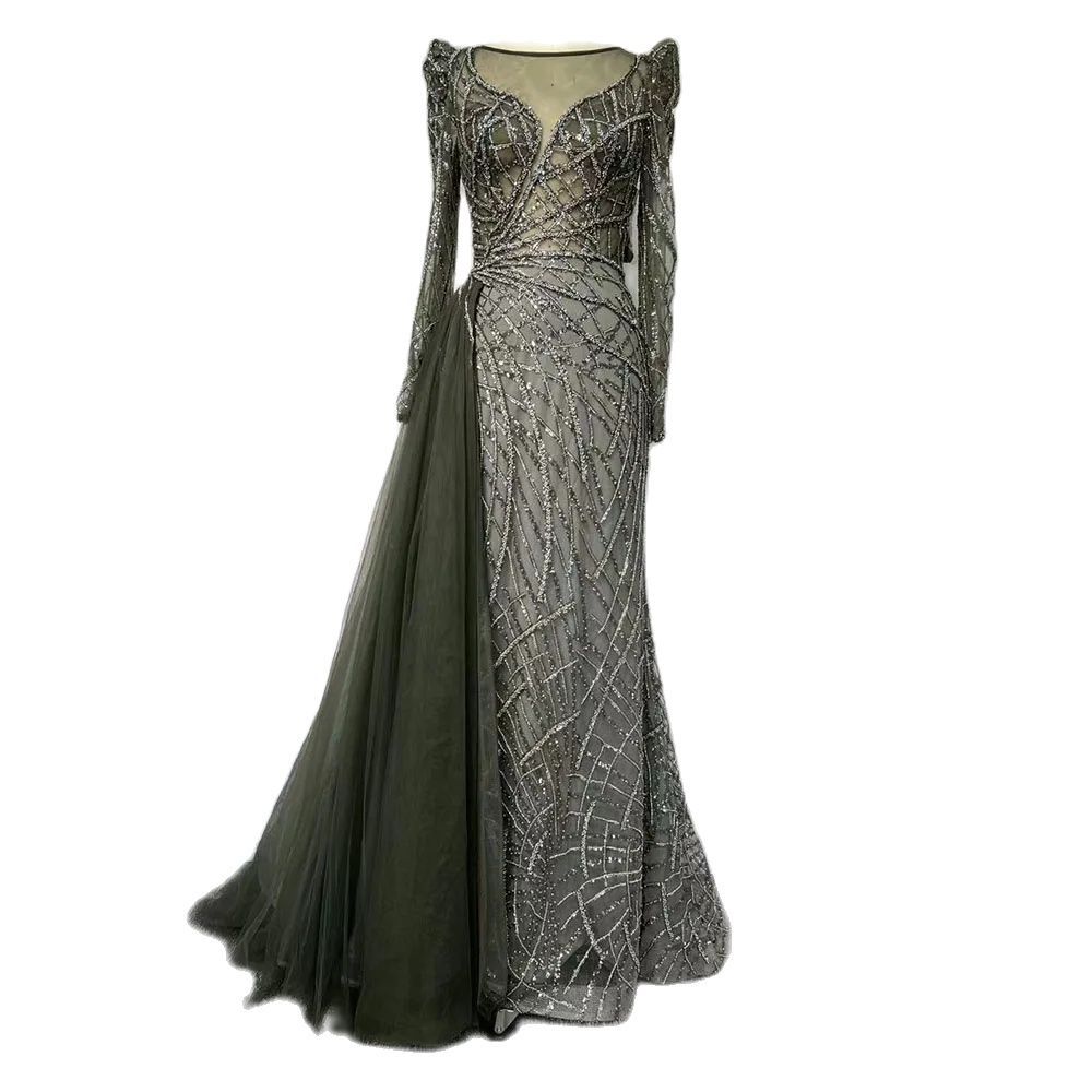 New product gold long-sleeved fishtail celebrity high-end temperament sexy and thin host evening dress skirt LA11101