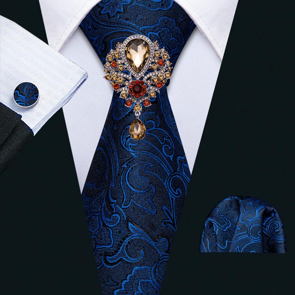 Barry.Wang Paisley Tie with Brooch for Men Wedding Formal Silk Necktie Hanky Cufflink Set