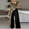 Ladies Jumpsuit Patchwork Flower Print Fake Two-piece Wide Leg Three Quarter Sleeve Round Neck Irregular Soft Breathable Fall Jumpsuit