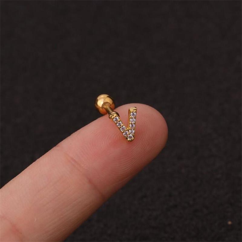 1 шт./пакет, 26 английских начальных букв, кубический цирконий, серьги-гвоздики из нержавеющей стали, серьги для хряща, спиральные ювелирные изделия для пирсинга