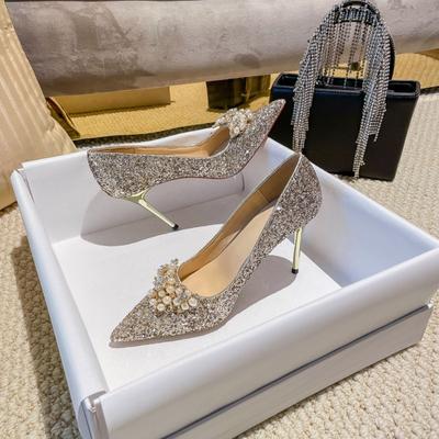 Новые туфли-лодочки цвета шампанского золота с острым носком, свадебные туфли для невесты, украшенные жемчугом и стразами, на тонком каблуке, банкетные туфли на высоком каблуке