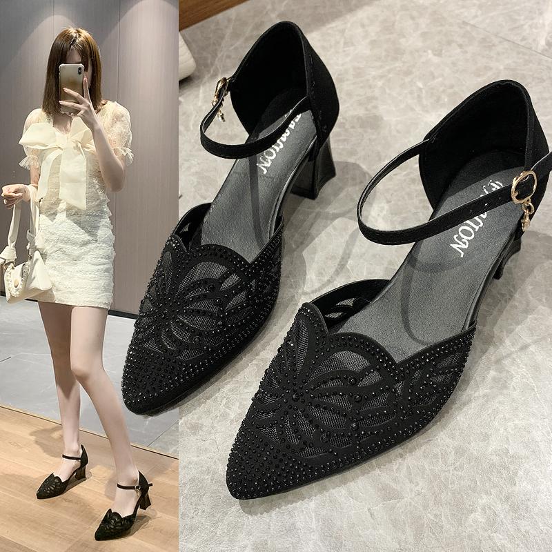 Ladies Fashion Sweet Office High Heels Ladies Casual Flocking Black Office Shoes Women Shoes Large Size