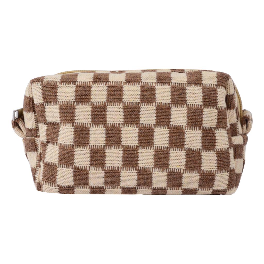 Ladies Small Knitted Zipper Closure Cosmetic Bag Plaid Pencil Case Travel Soft Checkered Makeup Pouch