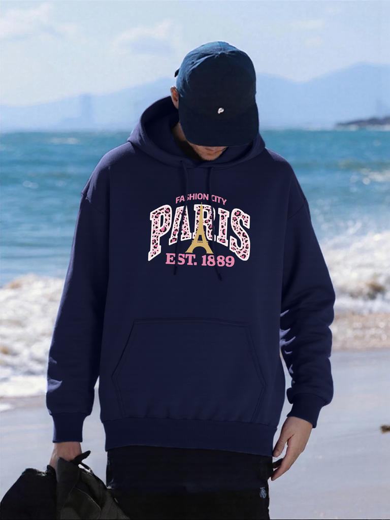 Pink Leopard Print Paris 1889 Printing Men Hoodie Casual Multicolor Hoody Vintage Pocket Hoodies Comfortable Fleece Man Clothing