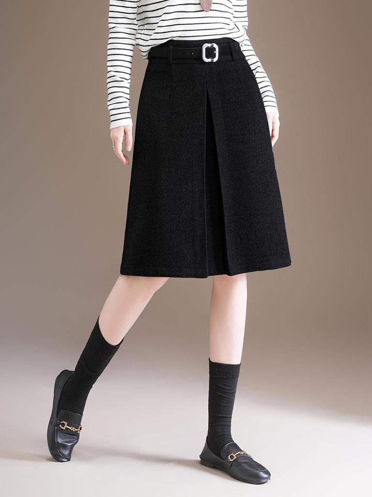 Elegant High-Waisted Woolen A-line Midi Skirt - Winter 2025