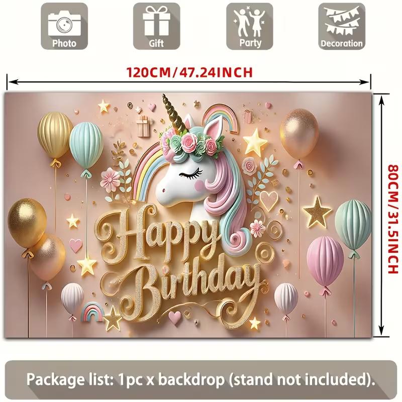 2D Pink Gold Unicorn Birthday Backdrop Rainbow Star Photoshoot Background
