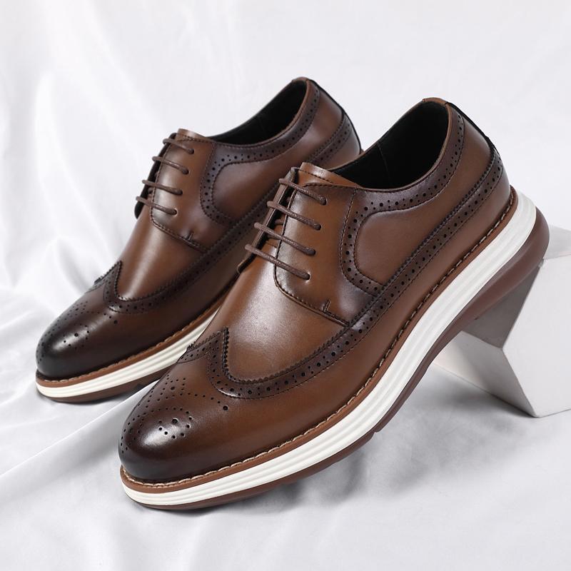 Men's Real Leather Oxford Shoes Classic Wing Tip Toe Lace-Up Handmade Comfortable Casual Sneakers for Business Office