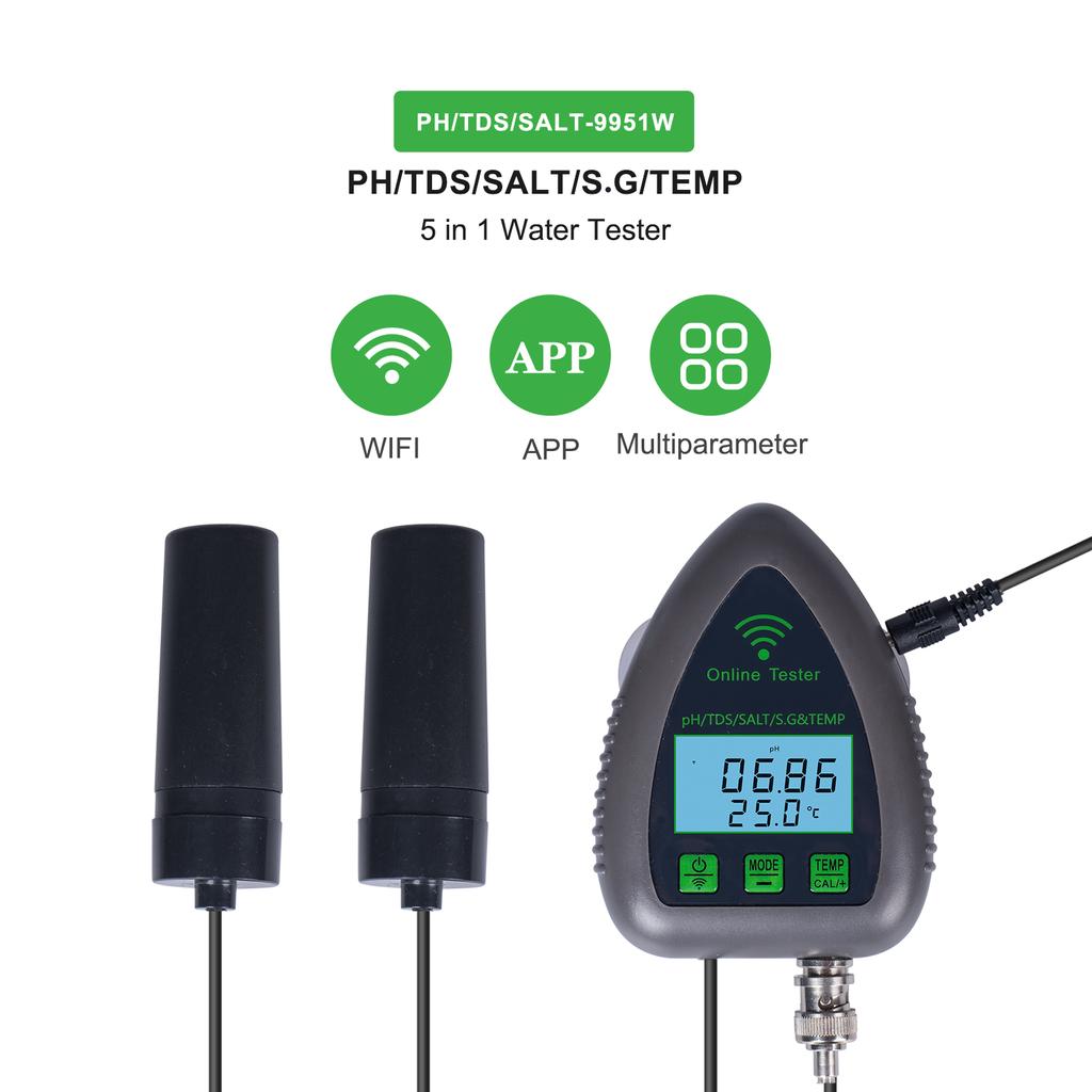 9951W Bluetooth Wi-Fi Цифровой тестер качества воды Мини 5 в 1 Анализатор воды PH TDS SALT SG
