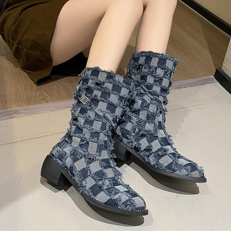 Модные женские сапоги из джинсовой ткани 2024 года, осенние новые модные сапоги из меховой ткани на платформе 2024 года